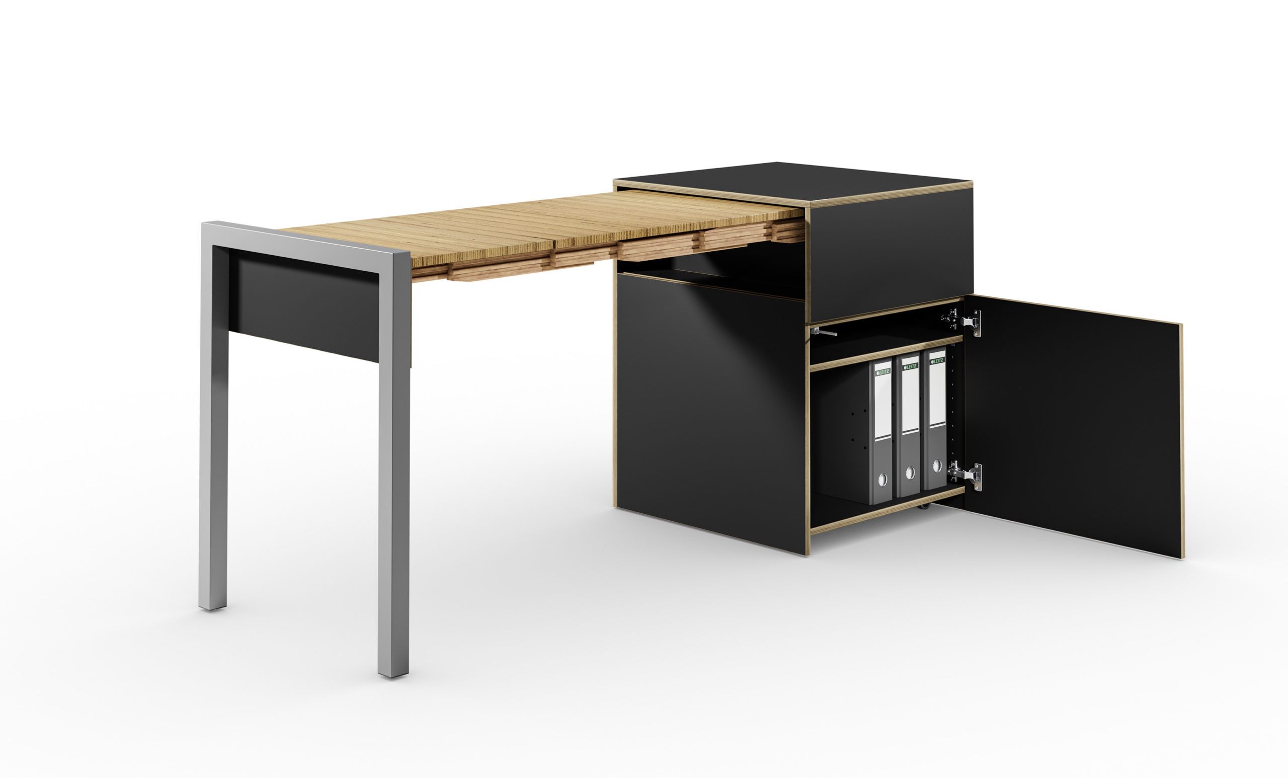 Schreibtisch, ausziehbar, Rollcontainer mit Tür, supermatt schwarz/Buchen-Furnierschichtholz – “ALWIN’S SPACE BOX”