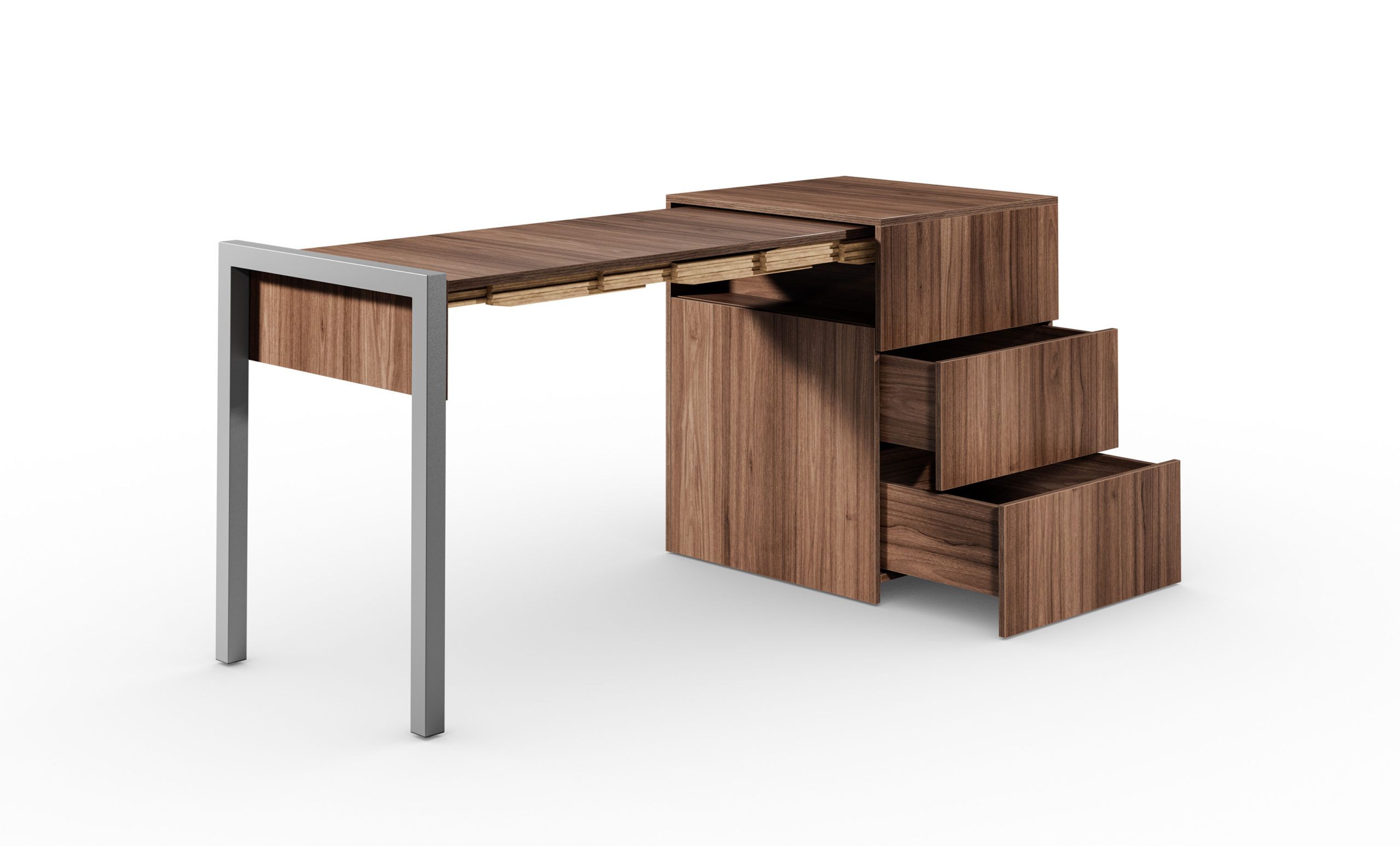 Schreibtisch, ausziehbar, Rollcontainer mit Schubladen, Nußbaum/Nußbaum – “ALWIN’S SPACE BOX”