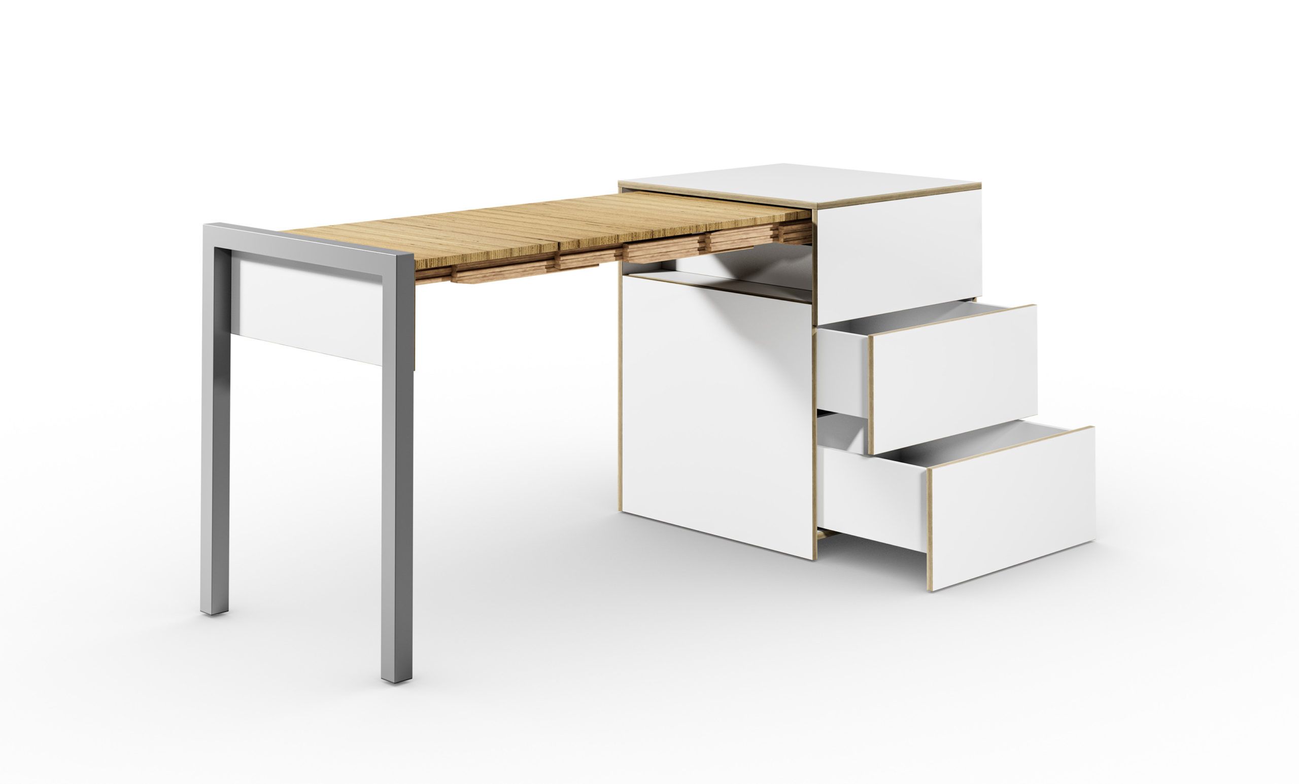 Schreibtisch, ausziehbar, Rollcontainer mit Schubladen, weiß/Buchen-Furnierschichtholz – “ALWIN’S SPACE BOX”