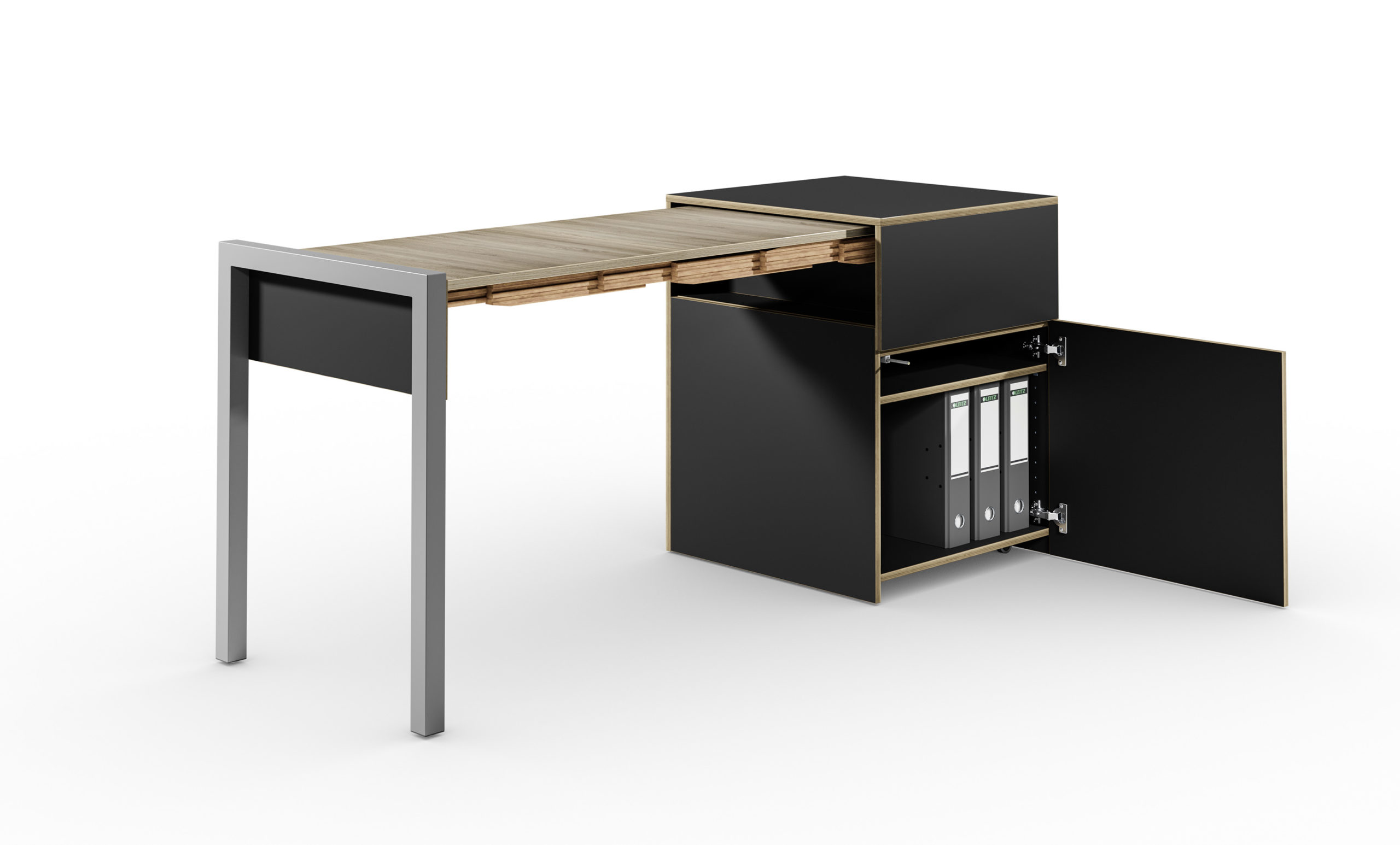 ALWINS SPACE BOX Tuer offen mit Einlegeboden oben schwarz Eiche mit Ordner scaled