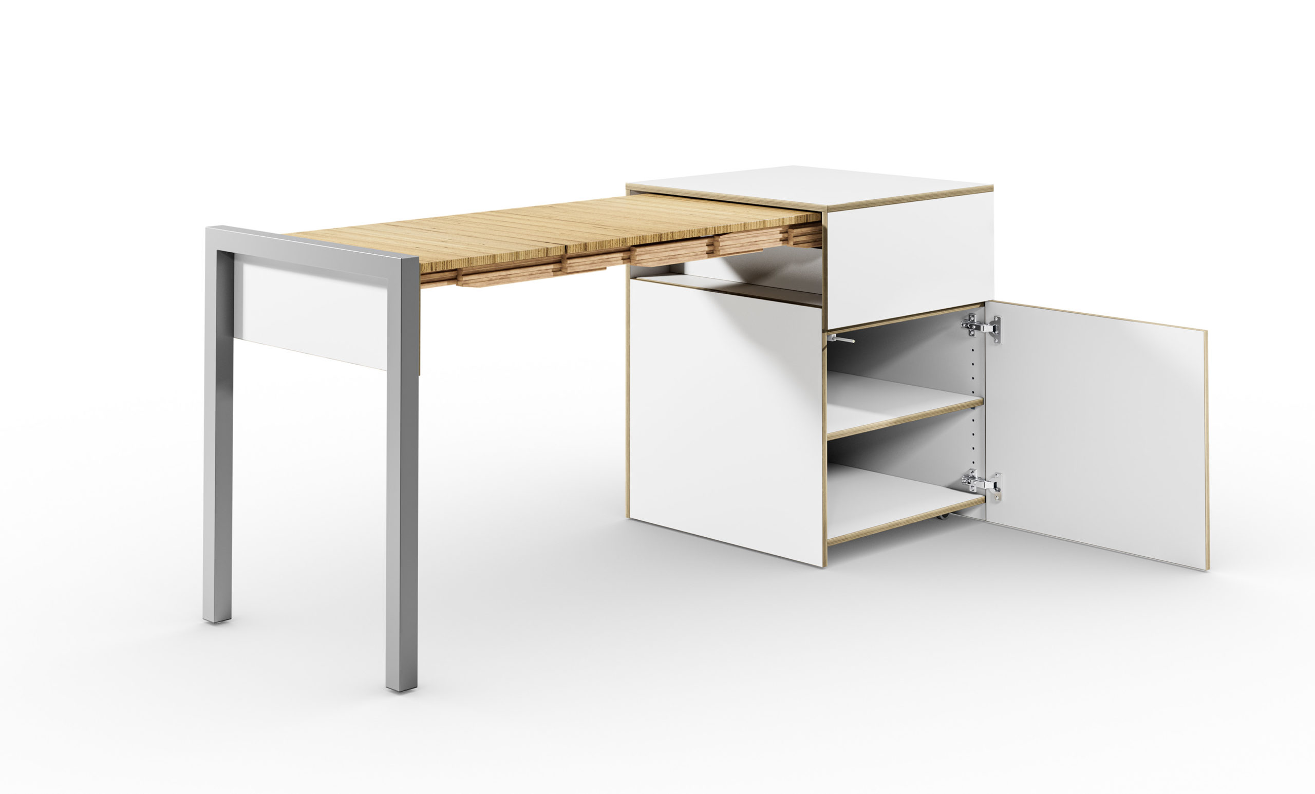 ALWINS SPACE BOX Tuer offen mit Einlegeboden weiss Buche scaled