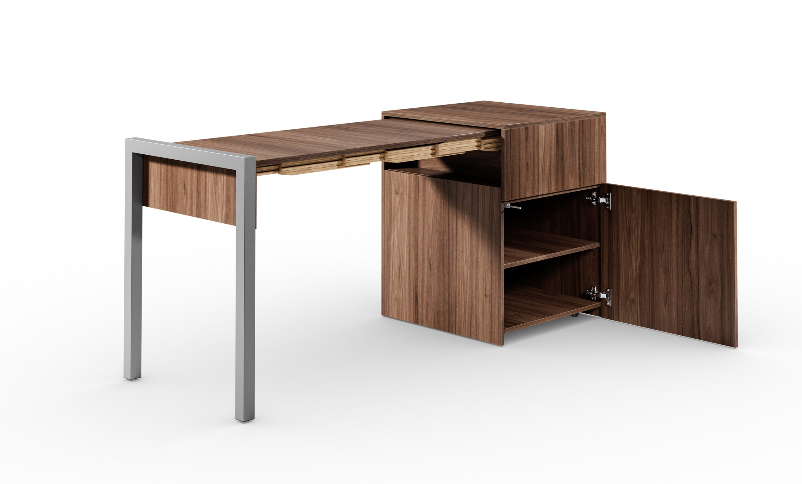 ALWIN SPACE BOX Tuer offen mit Einlegeboden Nussbaum scaled