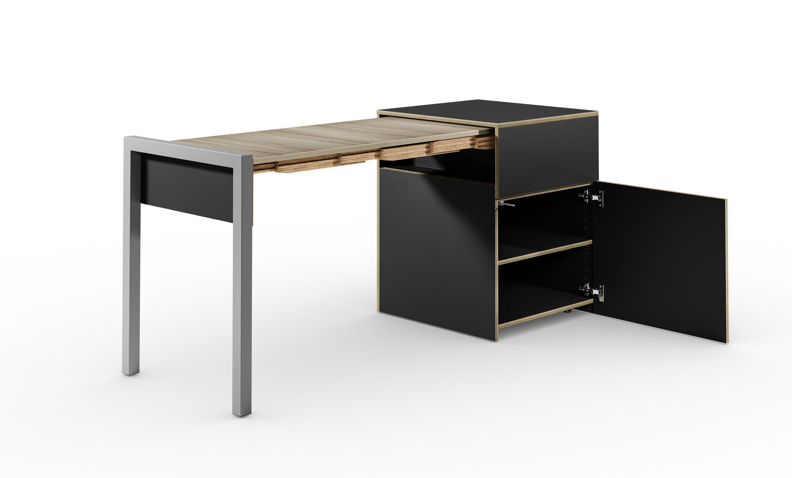 ALWIN SPACE BOX Tuer offen mit Einlegeboden schwarz Eiche scaled